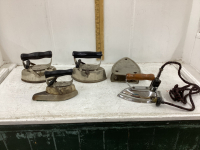 3 SAD IRONS, 1 ELECTRIC IRON, 1 STAND