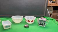 VINTAGE PYREX BUTTER DISH (NO BOTTOM), FIREKING BOWL, SMALL &ldquo;LONDON&rdquo; TEA POT, VINTAGE WHITE BOWL W/ RED FLOWERS