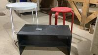 (3) ITEMS - LOW SHELF UNIT, SMALL ROUND SIDE TABLE + WOOD STOOL