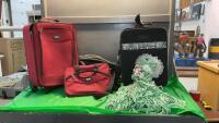 (2) CARRY-ON WHEELED SUITCASES & (2) TOTE BAGS + MOP DOLL