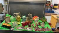 (2) BOXES W/ DECOR ITEMS - FOUNTAIN, BEAR ORNAMENTS, CAT TREAT JAR, COVERED GLASS CANDY DISH ETC.