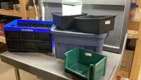 BLUE RUBBERMAID TOTE, CLEVERMADE CRATE, SMALL STORAGE BINS