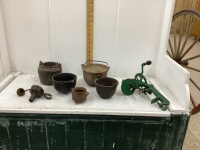 COLLECTION OF SMALL CAST POTS, CAST FUNNEL, CAST APPLE PEELER