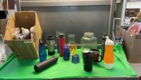 (2) BOXES W/ WATER BOTTLES, GO-CUPS, THERMOS, JUICE DISPENSER/JUG