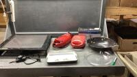 PIE PLATE, CHICKEN ROASTER, GRIDDLE, 2 SMALL COOKERS,