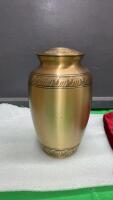 BRASS URN W/ ENGRAVED DETAILING AND VELVET STORAGE BAG