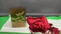 BRASS COLORED METAL URN W/ DOVE DECORATION AND VELVET STORAGE BAG