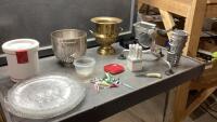 VEGGIE SLICER, GLASS PLATTERS, BRASS URN, SIEVE, MINI FORKS/SPOONS