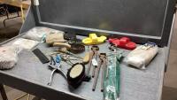 BOX W/HOOF NIPPERS, PICKS, CURRY COMBS, COTTON GLOVES