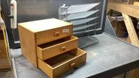 (2)ITEMS - WOOD 3-DRAWER STORAGE TABLE TOP UNIT, METAL FILE HOLDER
