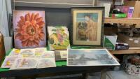 VARIETY OF PRINTS, FRAMES, CORK/WHITEBOARD