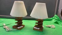 (2) SMALL HANDCRAFTED TABLE LAMPS W/ WOOD BASES, PLEATED PLASTIC SHADES