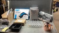 BOX W/ASST ITEMS - BOOTS, WATERING CAN, LIGHT WEIGHT BLANKET, BACK STRETCHER, LIPSTICK HOLDER