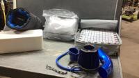 BOX OF ASSORTED ITEMS - WOOLOVE CONNECTING MATS, LIGHT WEIGHT BLANKET, COLD AIR INTAKE, MAT, CONTAINERS