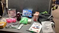 BOX W/ ASSORTED ITEMS- NEWTONS CRADLE, SEAT BELT PARTS, APPLE TV REMOTE, CANDY MACHINE, SPELLING GAME