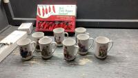 (8) NORMAN ROCKWELL MUGS, RED CHILI PEPPER GARLAND, WOOD BURNING SET, SYRUP TIN, DOOR CLOSER