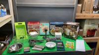 BOX & TOTE OF KITCHEN ITEMS - FONDUE PLATES, HOT CHOCOLATE MAKER, POTATOE RICER & THERMOMETERS, MEASURING CUP