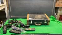 VINTAGE HARDSIDED MANHATTAN SUITCASE & VARIOUS CORDS & REMOTES
