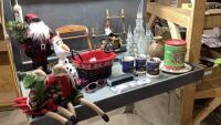 A GOOD VARIETY OF CHRISTMAS DECOR - POLAR EXPRESS MUGS, STUFFIES, ELF PUZZLE, CANDLES