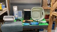 A BOX & LAUNDRY BASKET W/ HONEYWELL HUMIDIFIER, HAPPY LIGHT, CURLING IRONS, BATH MAT