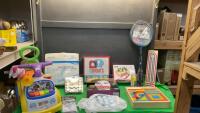 BOX W/ GAMES & TOYS - BADMINTON RACQUETS, WOOD PUZZLE SET, WOOD VEGGIES, WII SPORT PACK, RIDE-ON TOY, CRIB BOARD