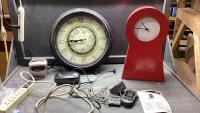 LARGE ROUND CLOCK, RED CLOCK, (2) CLOCK RADIOS, WEBBER WIRELESS THERMOMETER