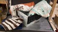 GOOD TOTE W/(2) HOMEMADE QUILTS + A FEW TOWELS