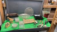 BOX OF HOUSEHOLD ITEMS - BBQ UTENSILS, RAISED CAKE PLATTER, (3) BLACK PLATES, WOOD COASTERS