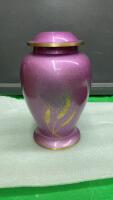 BRASS URN IN &ldquo;COUNTRY PINK&rdquo; W/ WHEAT ENGRAVED DESIGN