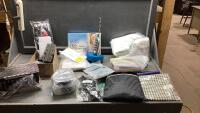 BOX OF ASSORTED NEW ITEMS- BOOTS, DISH TOWEL, MAGNIFYER, BACKDROP