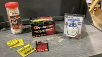 BOX W/MR HEATER HAND WARMERS, COTTON SWABS, FLY STRIPS, MARINE COMPASS