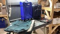 (2) CARRY ON SUITCASES, SUIT BAG , 2 DUFFLE BAGS, PORTABLE CAMP SHOWER