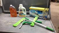 BOX W/HURRICANE SPIN MOP, WINDOW WASHING TOOL, ARM + HAMMER DETERGENT, HAND SOAP