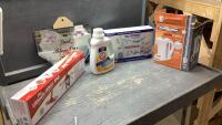 BOX W/WHIZZ MOP, PROCTOR SILEX ELECTRIC KETTLE, HAND SANITIZER UNIT, ARM + HAMMER LAUNDRY DETERGENT