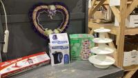 BOX W/WHIZZ MOP, ELECTRIC KETTLE, DESSERT TOWER, HEART WREATH