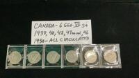 (6) CANADA GEO VI 5 CENT COINS - 1938/40/42/46/47/50