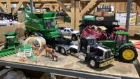SHELF #10 - BIG TOYS - JD COMBINES, TRACTOR, SEMI W/TRAILER