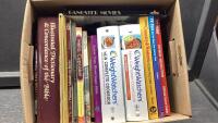 BOX OF ASSORTED BOOKS- COOKBOOKS, DICTIONARY, HEALTH, HOBBY