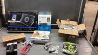 BOX OF ASSORTED ITEMS - GRIDDLE RING SET, LAPTOP COOLING PAD, PARKING SENSOR, HARD HAT BRIM, DRIVERS, SMALL JARS