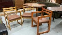 (3) MATCHING WOOD CHAIRS - (2) WITH ARMS - ONE CHAIR THE ARMS HAVE BEEN CUT OFF
