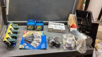 BOX W/SCALE SWEEPER, FUSES, GARDEN TOOL HANGERS, PAINT BRUSHES