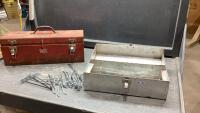 (2) METAL TOOLBOXES , PEGBOARD + SLATBOARD HOOKS