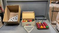 BOX W/ BILLIARD BALLS & RACKS