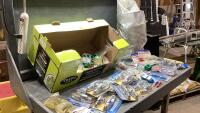 BOX W/TRACTOR FUEL FUNNEL, CLEATS, TIE DOWNS, DRAW HASPS, SAFETY HOOKS, HYDRAULIC HOSE CLAMPS, ANTI VIBE PADS