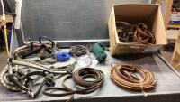 BOX W/ HALTERS, REINS, DOG COLLAR, BRAIDED REINS, SHANKS, LUNGE STRAPS