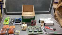 BOX W/KEYLESS CHUCKS, GALLAGER VOLT METER + LIGHTNING DIVERTER, LED DIMMER SWITCHES, GLAZING POINTS, HOLE SAWS