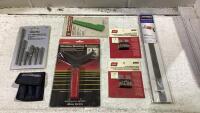 SHOP BOX WITH MAGNETIC BULLETIN BAR, ACRYLIC CUTTING TOOL, WINDOW MOLDING REMOVER AND MISC