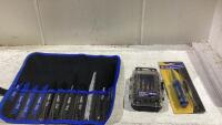 SHOP BOX WITH SCREWDRIVER, DRILL BITS AND RECIP SAW BLADES