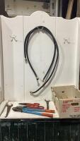 SHOP BOX OF HOSE, BOLT CUTTER, SCISSORS, PLIERS & MISC
