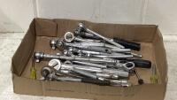 SHOP BOX OF VARIOUS RATCHET WRENCHES & NUT DRIVERS
